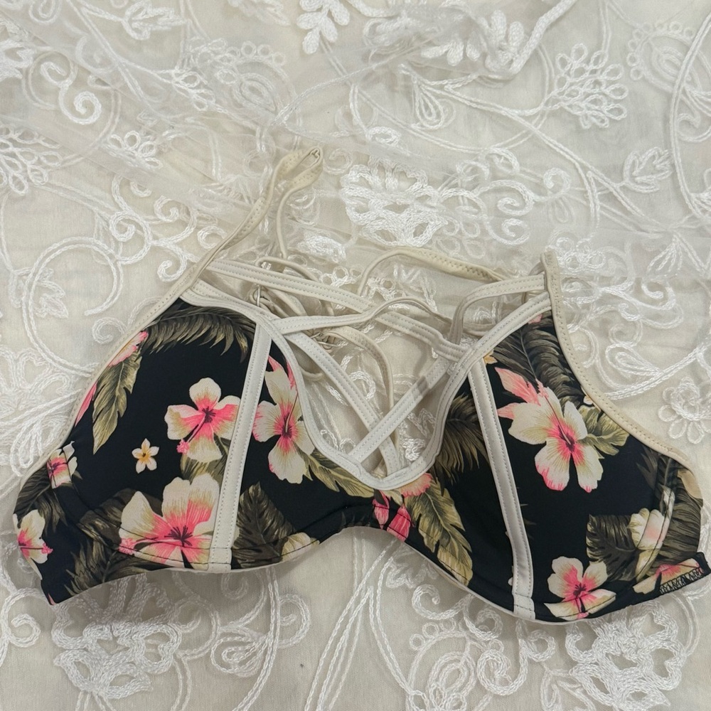 PINK Victoria's Secret Tropical Floral Bikini Top - Black and Pink